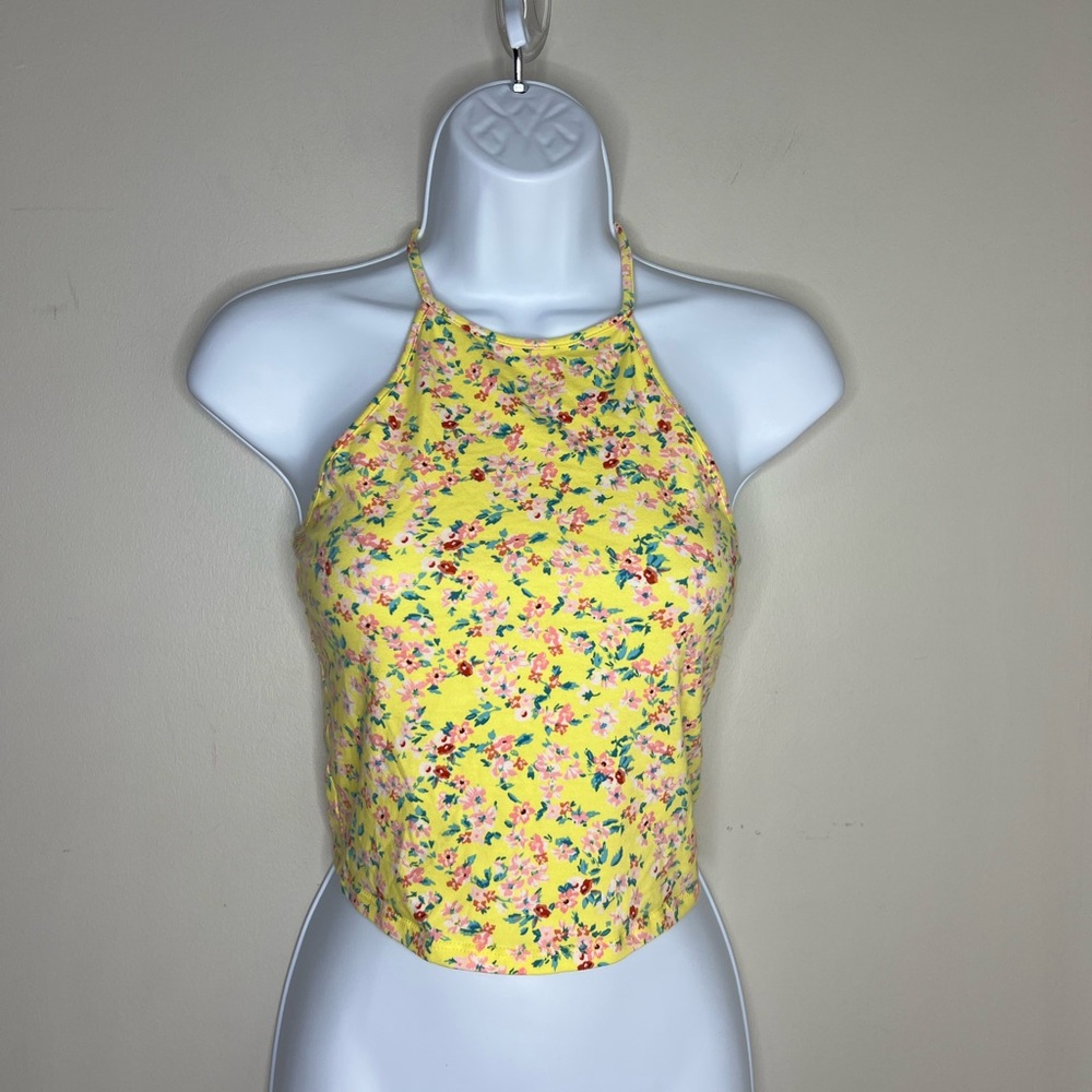 Forever 21 - yellow floral halter crop tank. Ties at neck. Small.